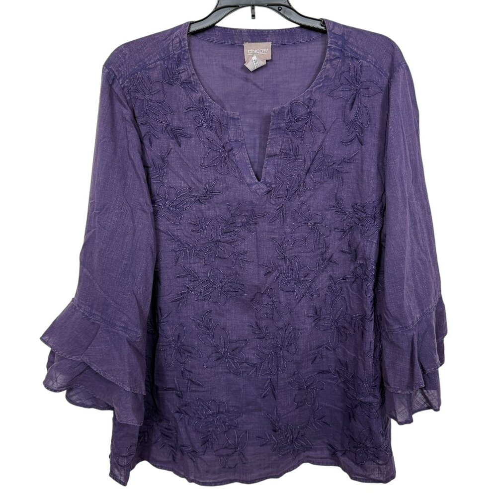 Chicos Top Blouse Size 2 US Large 12 Purple Embroidered Bell Sleeve Boho